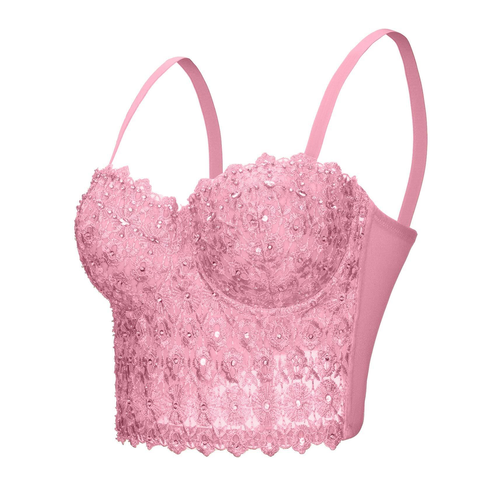 4878 Lace Rhinestone Bustier Corset Wedding Party Crop Top Bra Vest M, Pink
